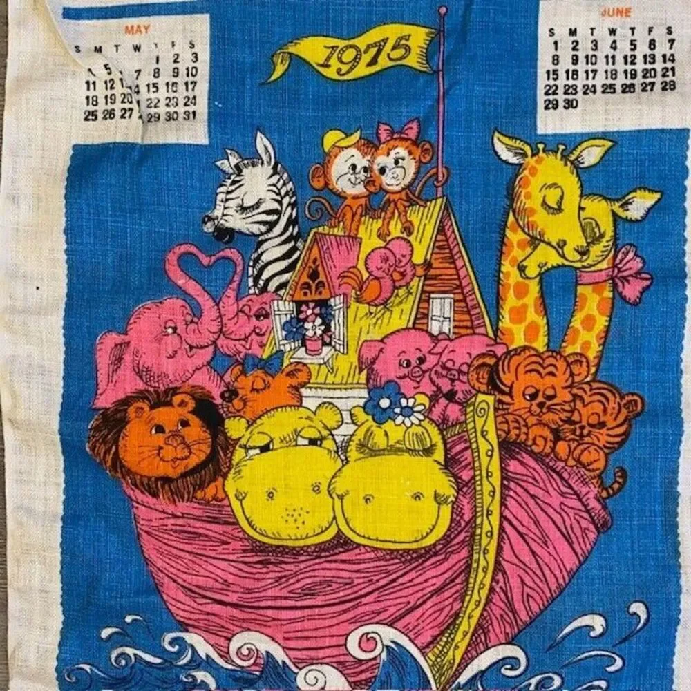 Vintage 1975 Linen Hanging Calendar Noah's Ark
